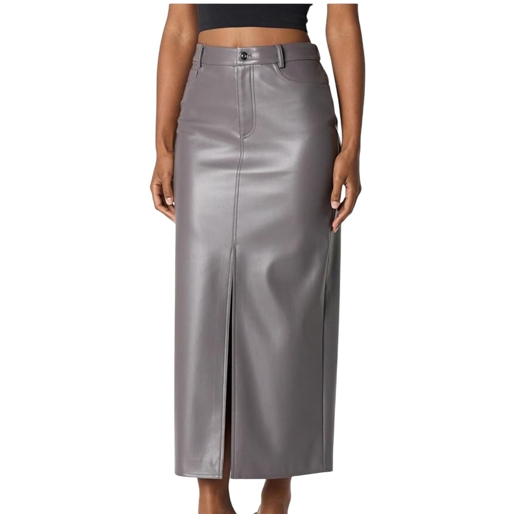 The Drop Womens Faux Leather Midi Pencil Skirt High Waist Front Slit‎ Gray S